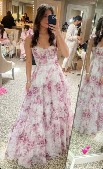 Pink/Blue Sweet A Line Floral Chiffon Long Elegant Floor Length Ball Gown Evening Gown Wedding Party Gown Prom Gown Graduation Gown gh2794