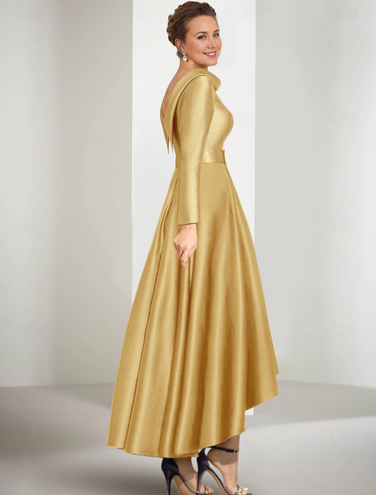 A-shaped bride mother dress elegant gemstone collar asymmetrical satin long sleeved belt/ribbon 2026