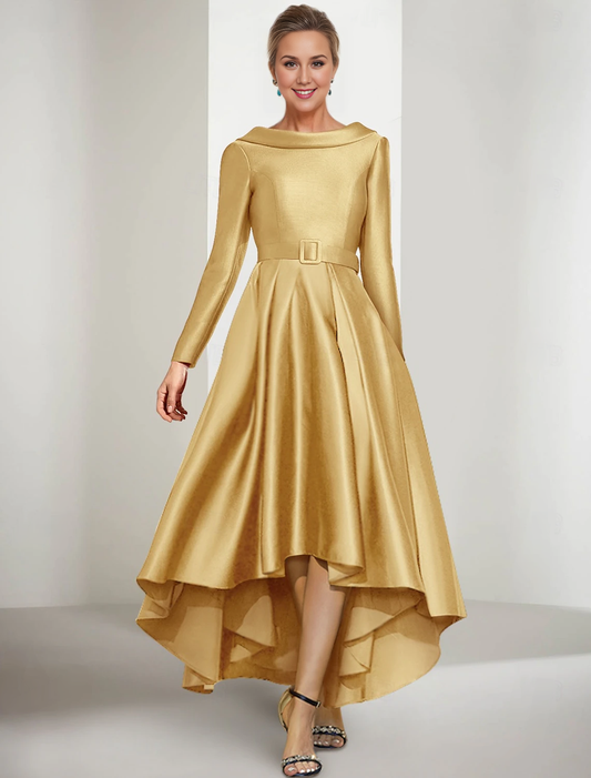 A-shaped bride mother dress elegant gemstone collar asymmetrical satin long sleeved belt/ribbon 2026