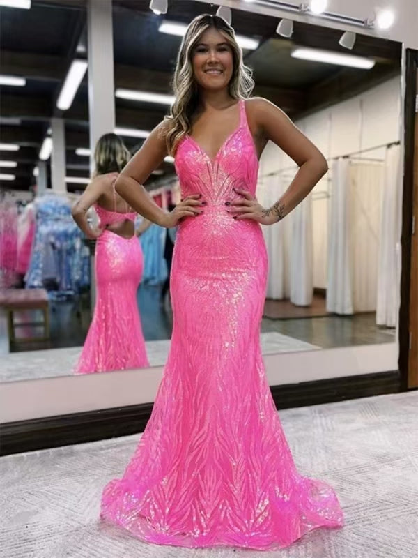 -Sheath/Column V-neck Sleeveless Sweep/Brush Prom Dresses
