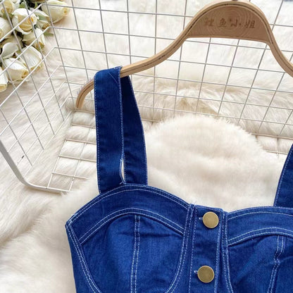 Retro Fashion Design sense Short Strap Vest and Denim Skirt Two-piece Set TP2829