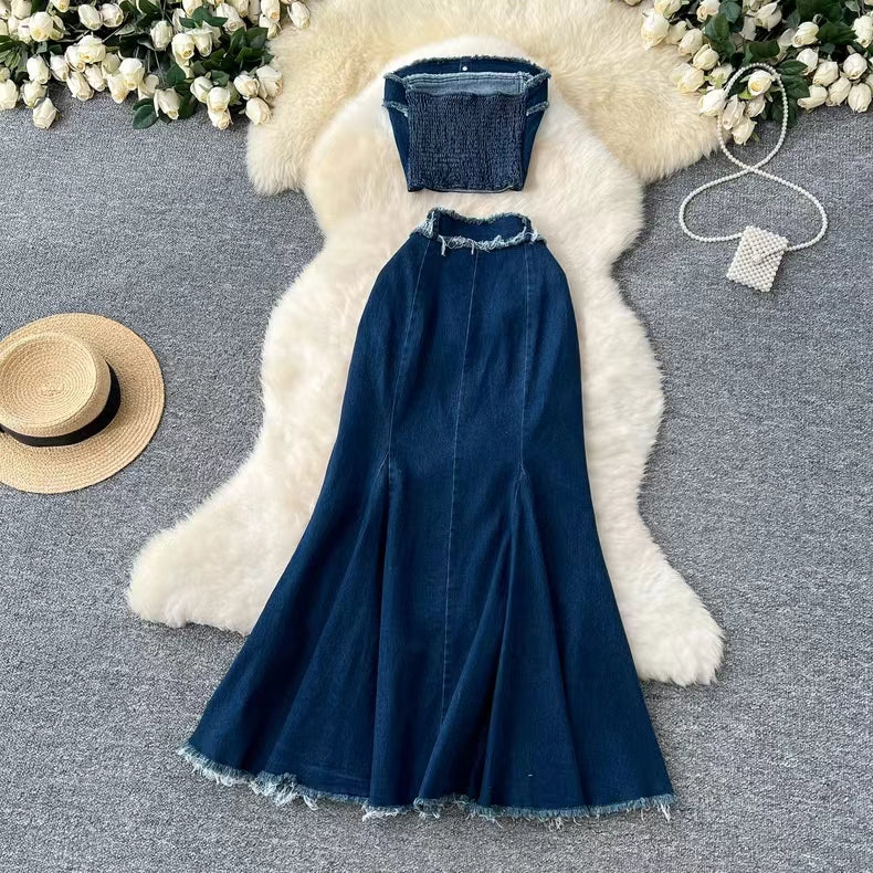 Fashion Sexy Sleeveless Tank Top High Waisted Fishtail Denim Skirt Two-piece Set TP2837