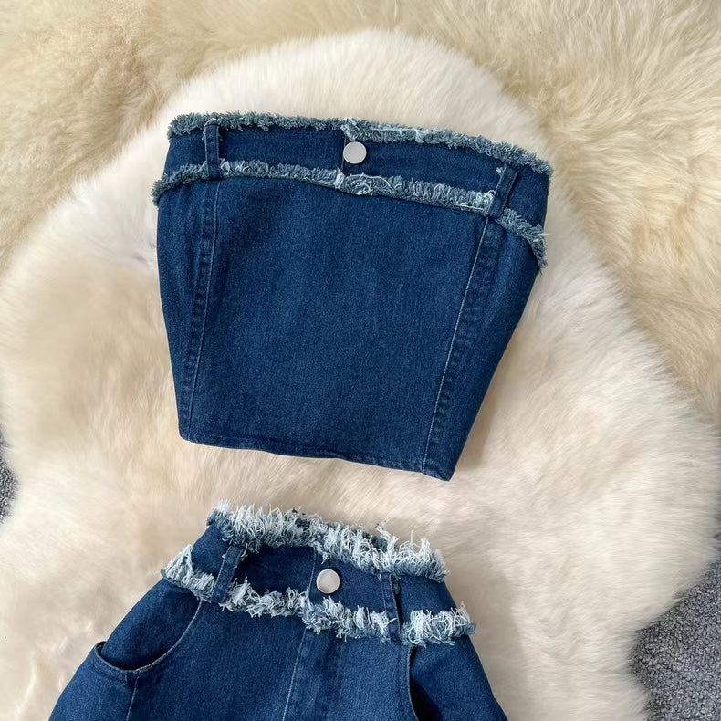 Fashion Sexy Sleeveless Tank Top High Waisted Fishtail Denim Skirt Two-piece Set TP2837