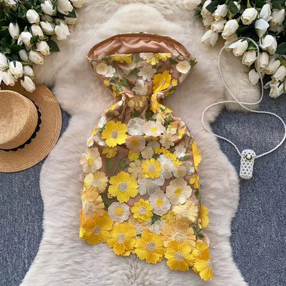 New Sleeveless Waist Slimming Floral Embroidery Design Irregular Strapless Dress TP2848