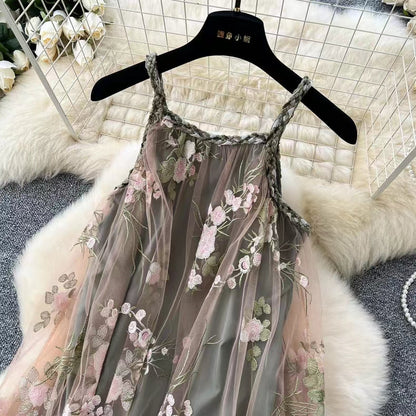 Simple Floral Embroidery Slimming Mesh Dress TP2850