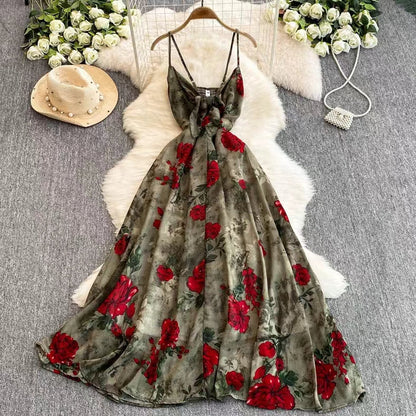New Women Simple Fashion Spaghetti Strap High Waist Floral Dress TP2852