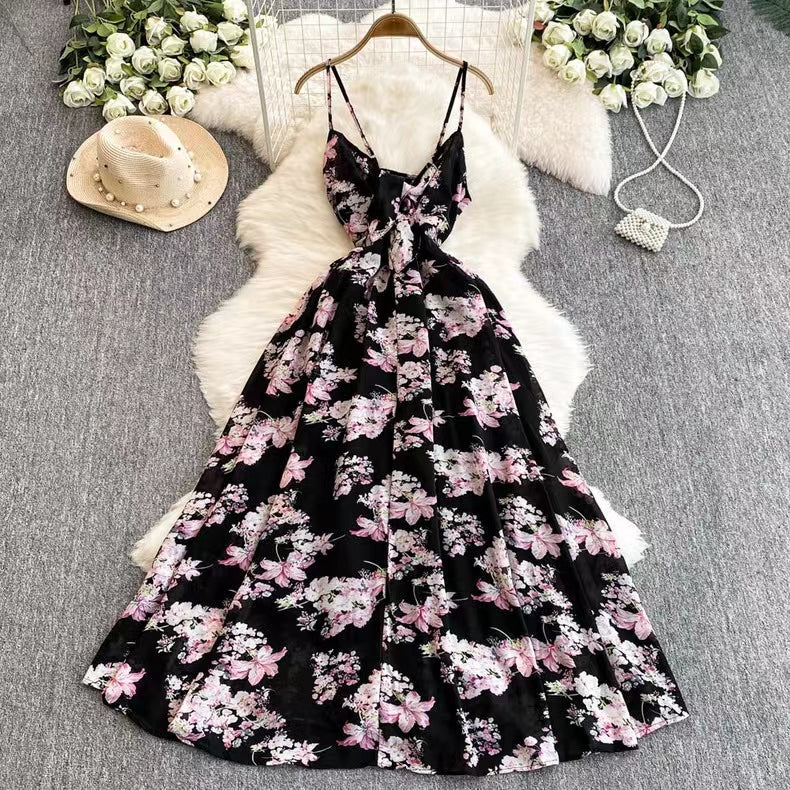 New Women Simple Fashion Spaghetti Strap High Waist Floral Dress TP2852