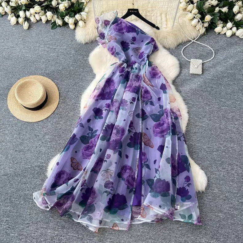 Elegant Diagonal Shoulder Three-dimensional Lace Printed Floral Mesh Dress TP2853