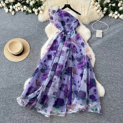 Elegant Diagonal Shoulder Three-dimensional Lace Printed Floral Mesh Dress TP2853