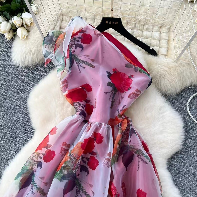 Elegant Diagonal Shoulder Three-dimensional Lace Printed Floral Mesh Dress TP2853