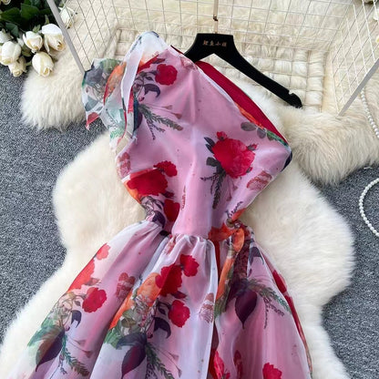 Elegant Diagonal Shoulder Three-dimensional Lace Printed Floral Mesh Dress TP2853
