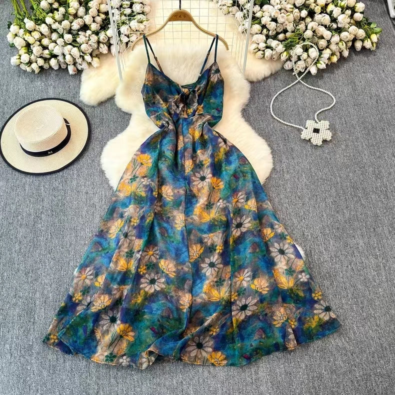 Boho Style V-neck Spaghetti Strap High-waisted Colorful Floral Dress TP2854