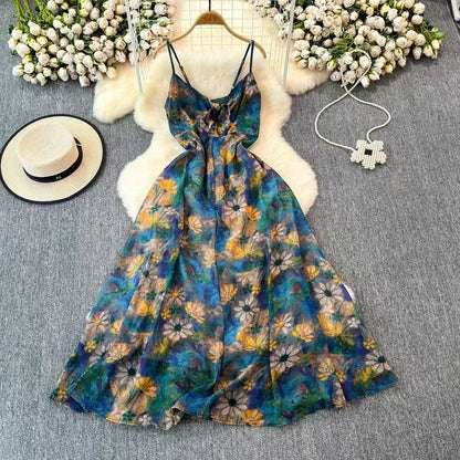 Boho Style V-neck Spaghetti Strap High-waisted Colorful Floral Dress TP2854