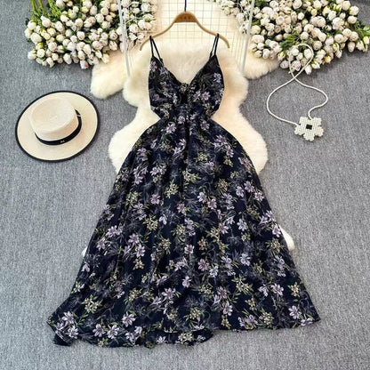 Boho Style V-neck Spaghetti Strap High-waisted Colorful Floral Dress TP2854
