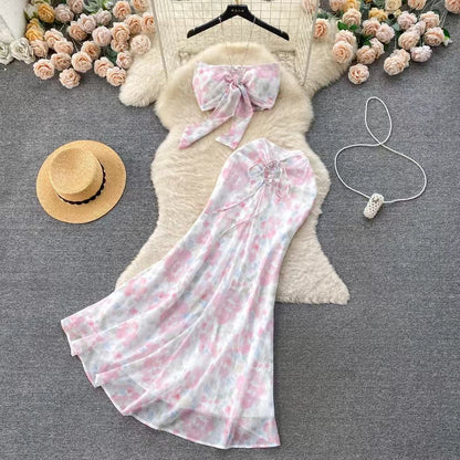 Seaside Holiday Sexy Halter top Mermaid Floral Skirt Two-piece Set TP2857