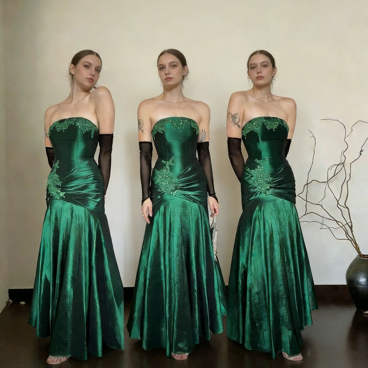 Vintage Green Strapless Satin Appliques Beaded Mermaid Long Evening Dress Formal 21st Birthday Outfits SP1909