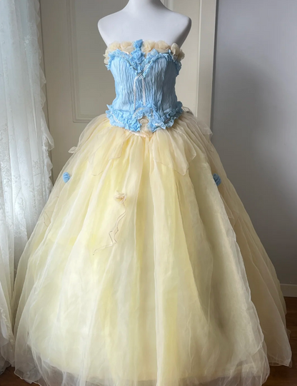 Dreamy Blue and Yellow Color-blocked Strapless Tulle Ball Gown Evening Dress Sweet 16 Dress cc5346