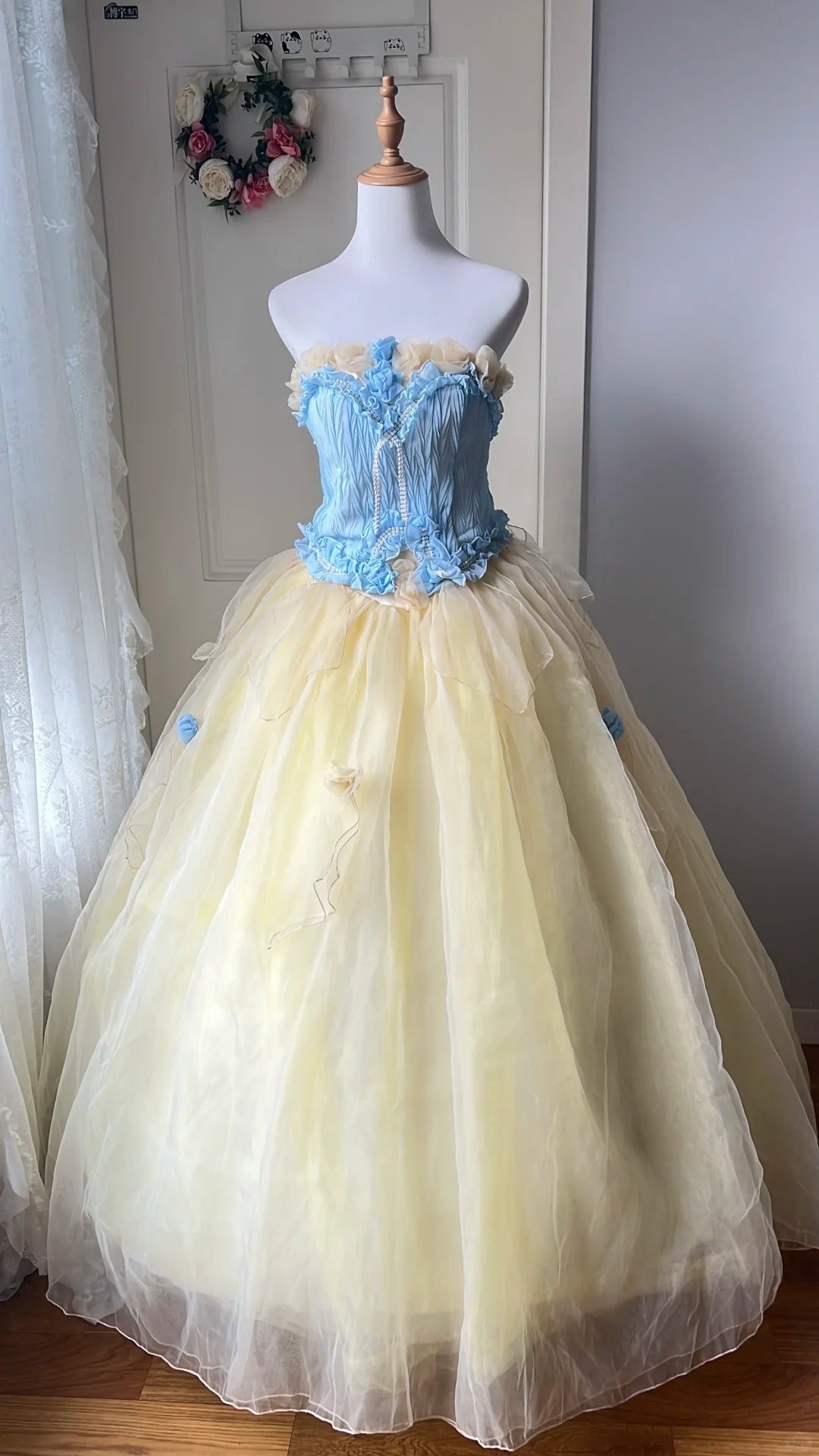Dreamy Blue and Yellow Color-blocked Strapless Tulle Ball Gown Evening Dress Sweet 16 Dress cc5346