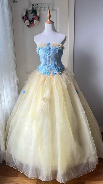 Dreamy Blue and Yellow Color-blocked Strapless Tulle Ball Gown Evening Dress Sweet 16 Dress cc5346