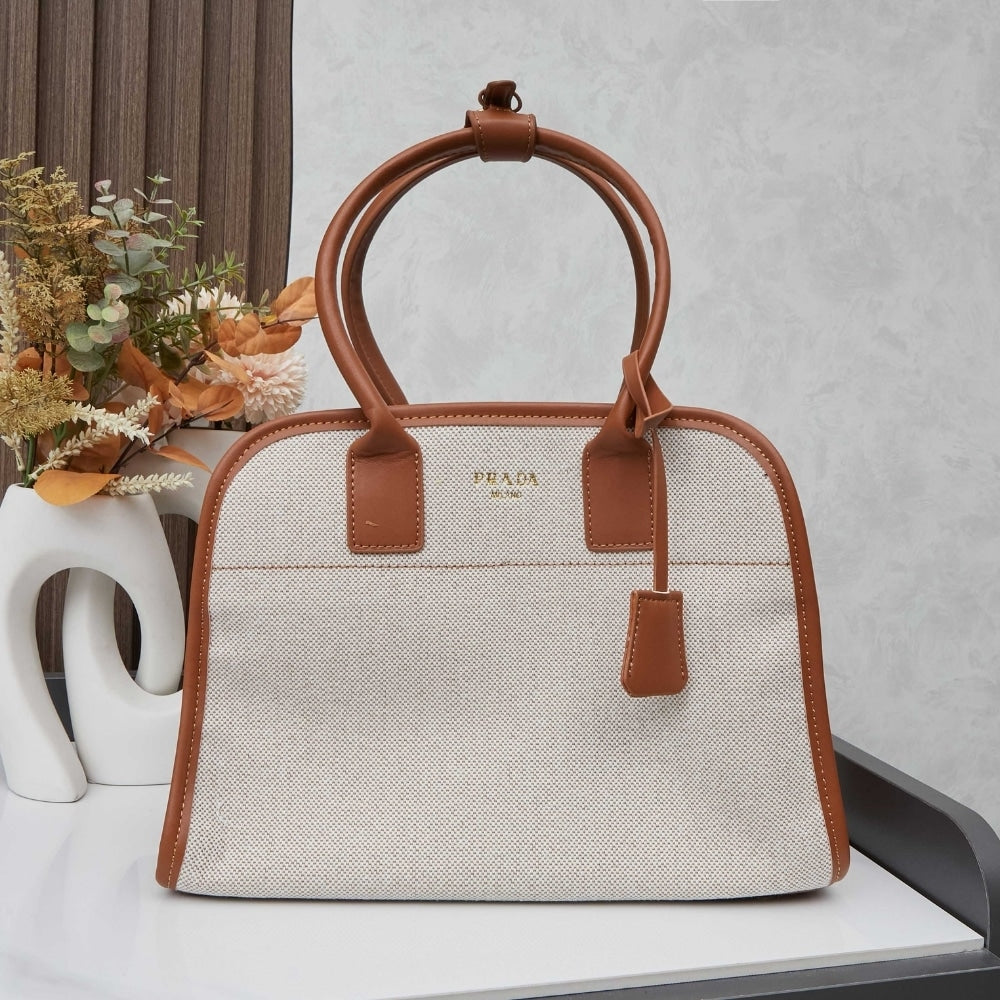 Prada Medium Blend And Leather Tote Bag Tan And Caramel 33Cm 1BG572 2HJA F0KFZ V OOZ