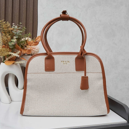 Prada Medium Blend And Leather Tote Bag Tan And Caramel 33Cm 1BG572 2HJA F0KFZ V OOZ