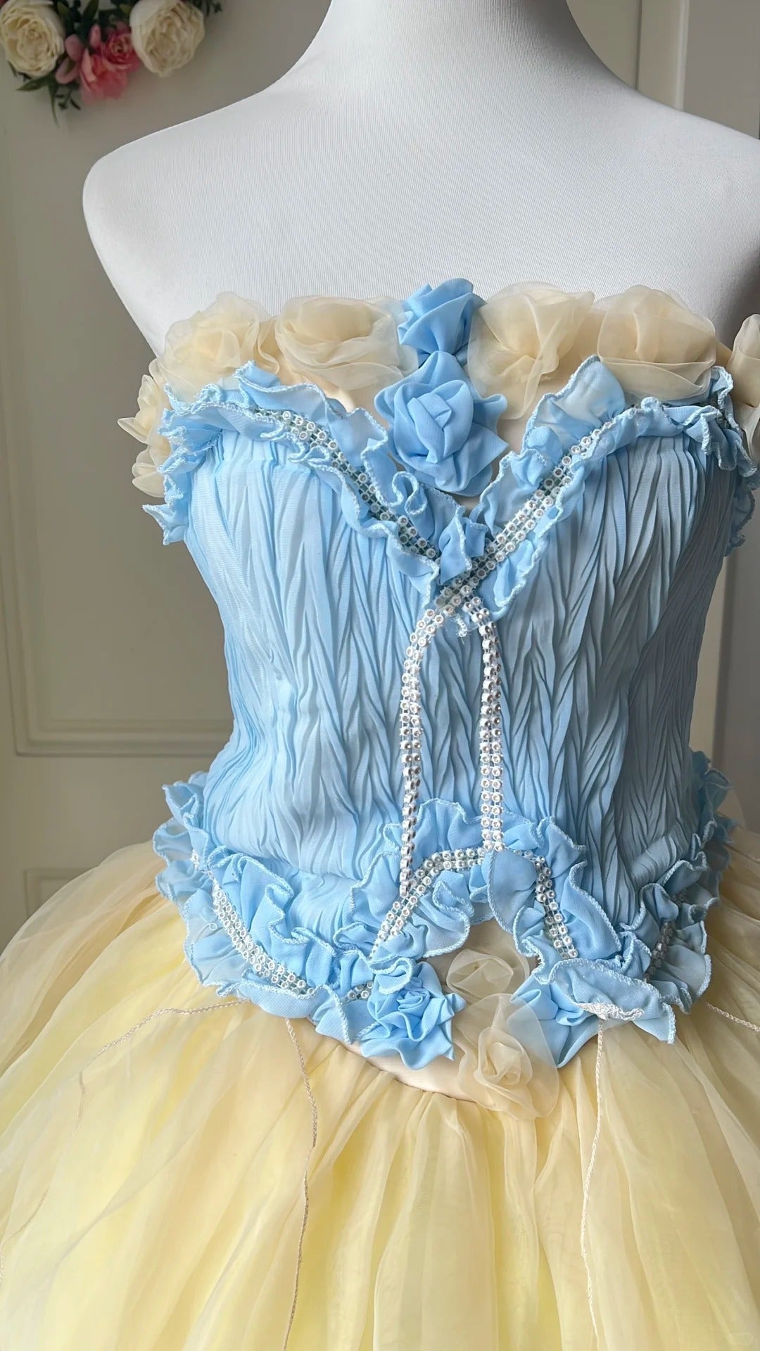 Dreamy Blue and Yellow Color-blocked Strapless Tulle Ball Gown Evening Dress Sweet 16 Dress cc5346