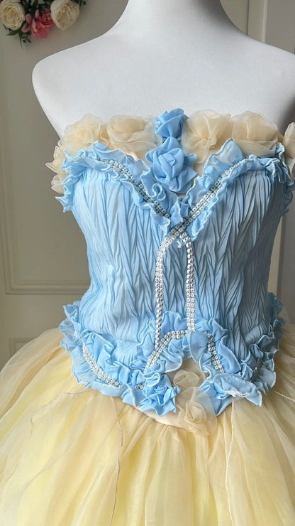 Dreamy Blue and Yellow Color-blocked Strapless Tulle Ball Gown Evening Dress Sweet 16 Dress cc5346