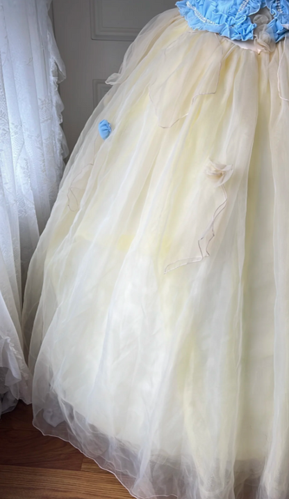 Dreamy Blue and Yellow Color-blocked Strapless Tulle Ball Gown Evening Dress Sweet 16 Dress cc5346