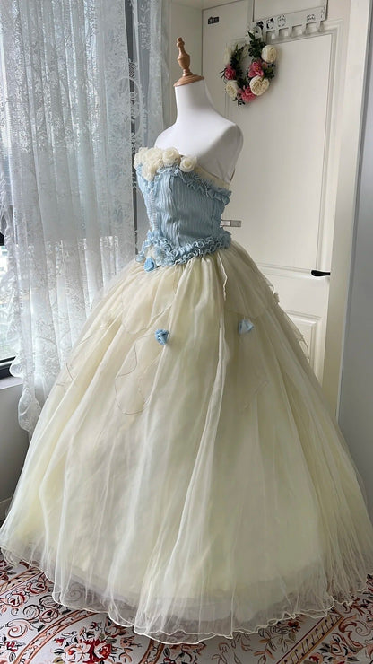 Dreamy Blue and Yellow Color-blocked Strapless Tulle Ball Gown Evening Dress Sweet 16 Dress cc5346