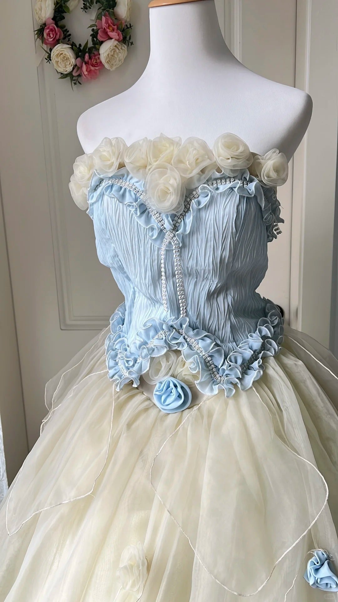 Dreamy Blue and Yellow Color-blocked Strapless Tulle Ball Gown Evening Dress Sweet 16 Dress cc5346