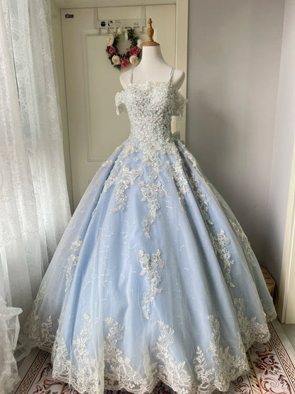 Princess Light Blue Lace Tulle Ball Gown Evening Dress Sweet 16 Dress cc5347
