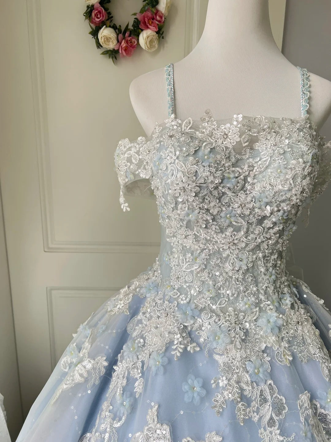 Princess Light Blue Lace Tulle Ball Gown Evening Dress Sweet 16 Dress cc5347