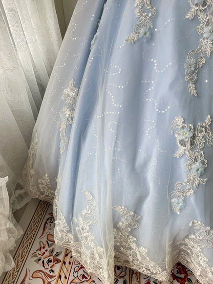 Princess Light Blue Lace Tulle Ball Gown Evening Dress Sweet 16 Dress cc5347
