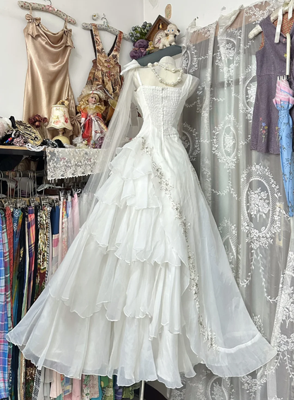 Pretty White Spaghetti Straps Tulle Appliques Beaded Mermaid Long Party Dress Birthday Dress SP1872