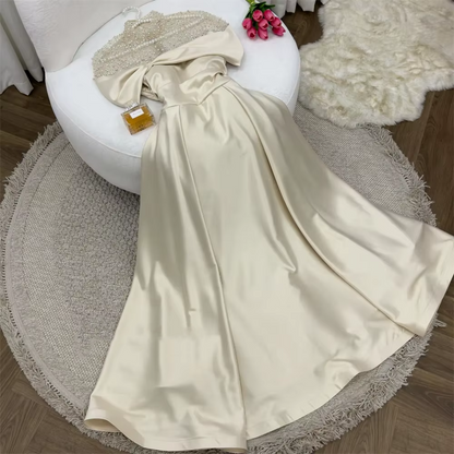 Elegant A-Line Evening Gown Elegant Dress Formal Floor Length Short Sleeve Illusion Neck Satin with Ruched Beading Prom Dress C3284