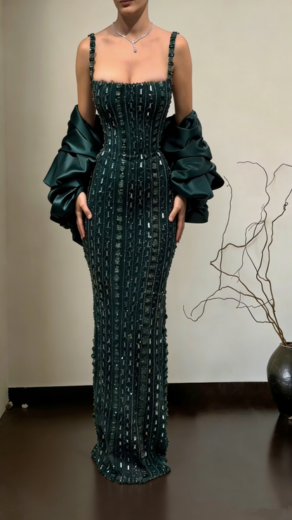 Luxurious Spaghetti Straps Dark Green Satin Beaded Sheath Long Party Dress Birthday Prom Gown SP1564