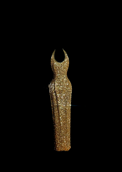Gold sequined halter-neck fitted sexy ball gown R6625