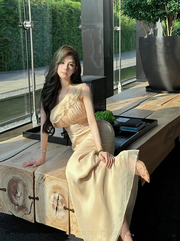 Apricot One-Shoulder Waist-Cinched Fitted Floor-Length Elegant Prom Dress R7104
