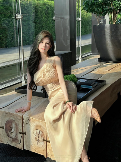 Apricot One-Shoulder Waist-Cinched Fitted Floor-Length Elegant Prom Dress R7104