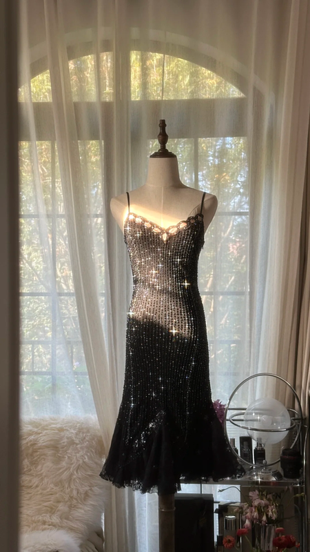 Black halter-neck fitted midi ball gown with rhinestone embellishments R7740
