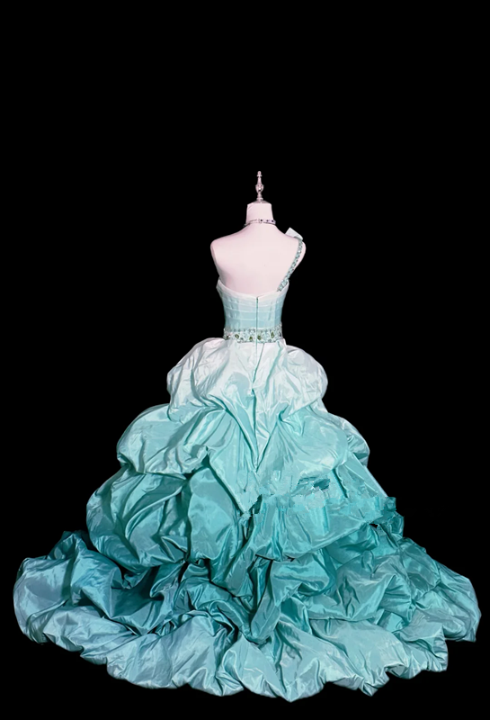 Gradient green strapless fitted waist ball gown R8688