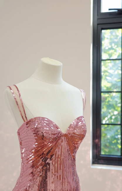 Light pink sequined halter-neck long ball gown R8440