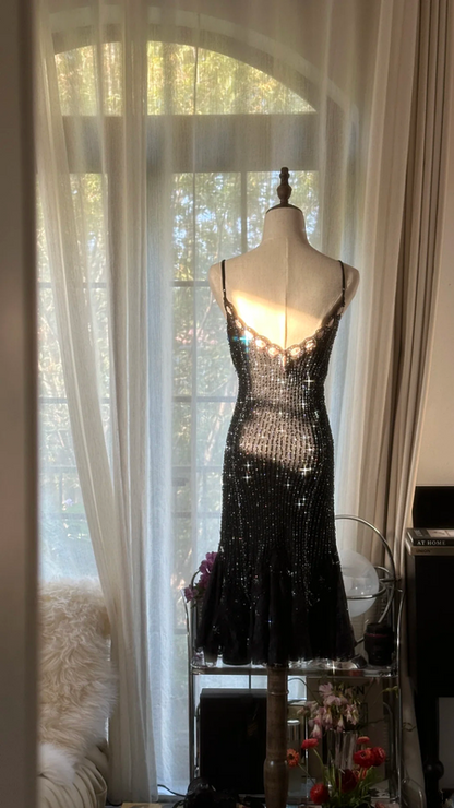 Black halter-neck fitted midi ball gown with rhinestone embellishments R7740