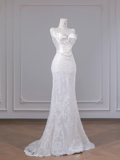 White strapless fishtail bodice, sexy bodycon skirt, long ball gown R8265