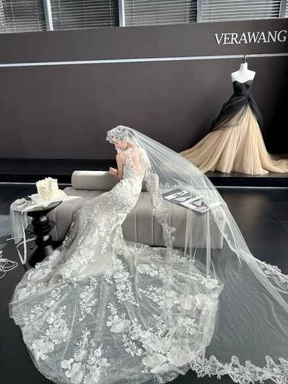 White sleeveless lace waist slim fishtail skirt floor-length wedding dress R6046