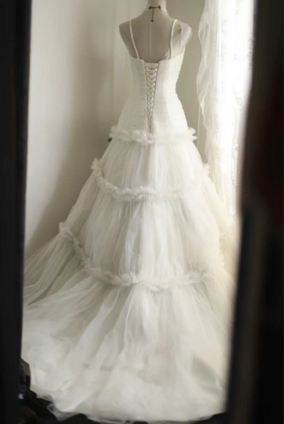 White halter-neck fitted long ball gown with a full skirt R6705