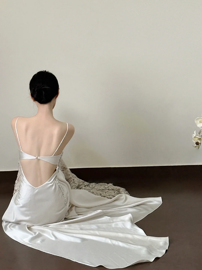 White spaghetti-strap cutout waist-cinched slim-fit backless sexy long prom gown R8010