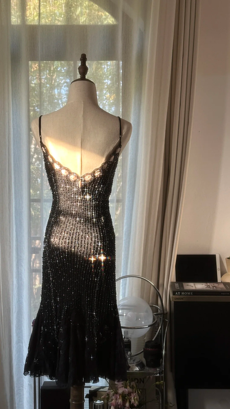 Black halter-neck fitted midi ball gown with rhinestone embellishments R7740