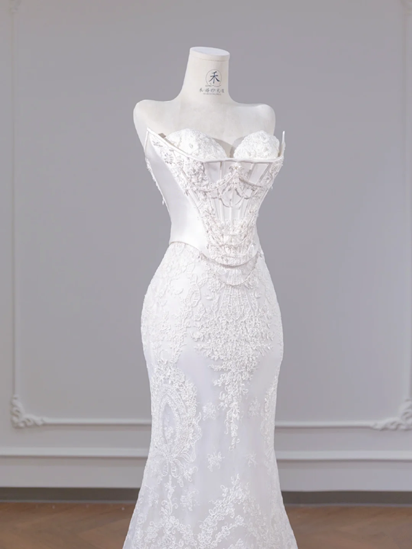 White strapless fishtail bodice, sexy bodycon skirt, long ball gown R8265