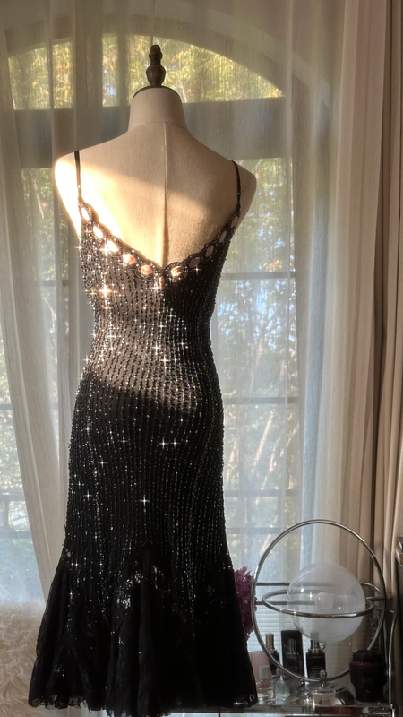 Black halter-neck fitted midi ball gown with rhinestone embellishments R7740